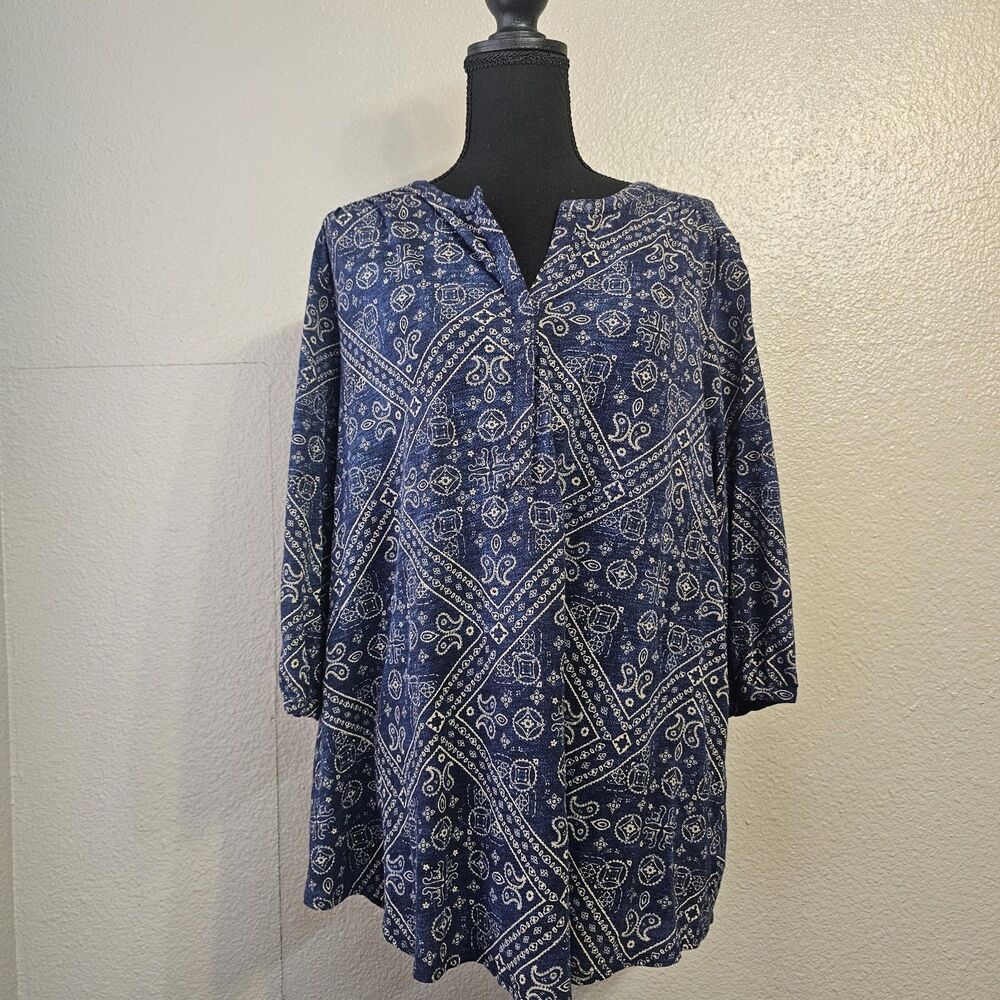 Lucky Brand Plus Sz 2X Blue Boho Chic Tunic Top Paisley Cottagecore Casual O461